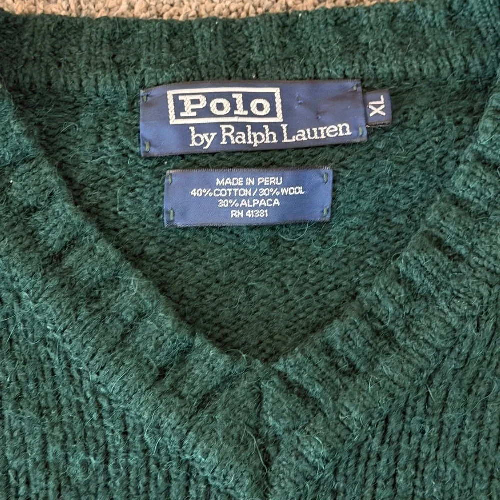 Polo Ralph Lauren Mens XL Green Wool Alpaca V-Neck Sweater Suede Elbow Patches